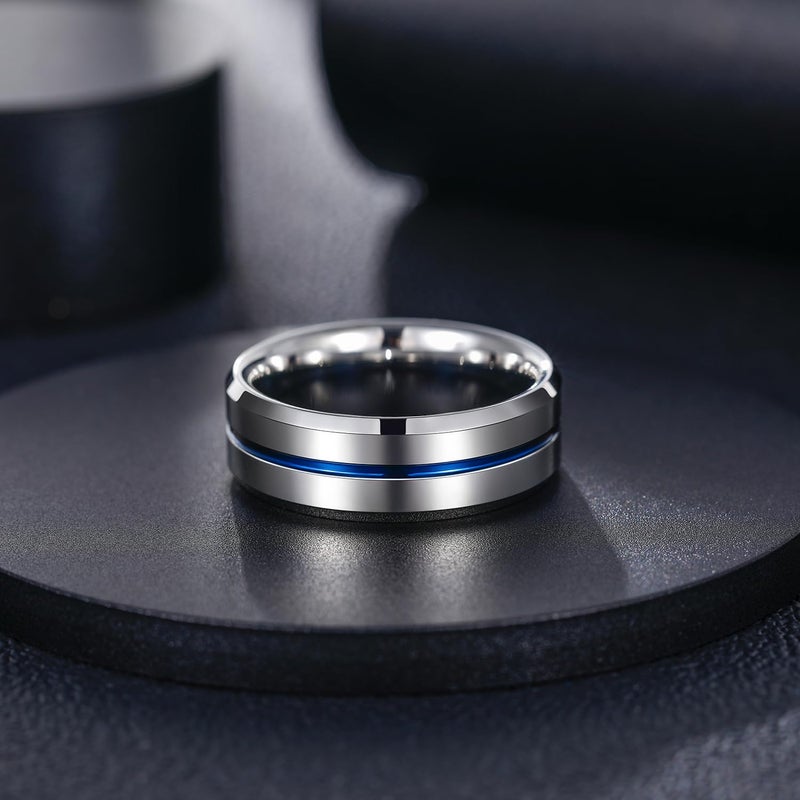 Greenpod 8MM Tungsten Carbide Rings Silver Blue High Polished Beveled Edge Wedding Band for Men Women Size 9.5 - Image 2